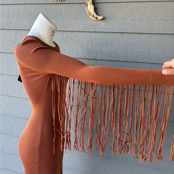 Hera Collection Long-Sleeve Ribbed Fringe Dress in Rust - Picture 3 of 3